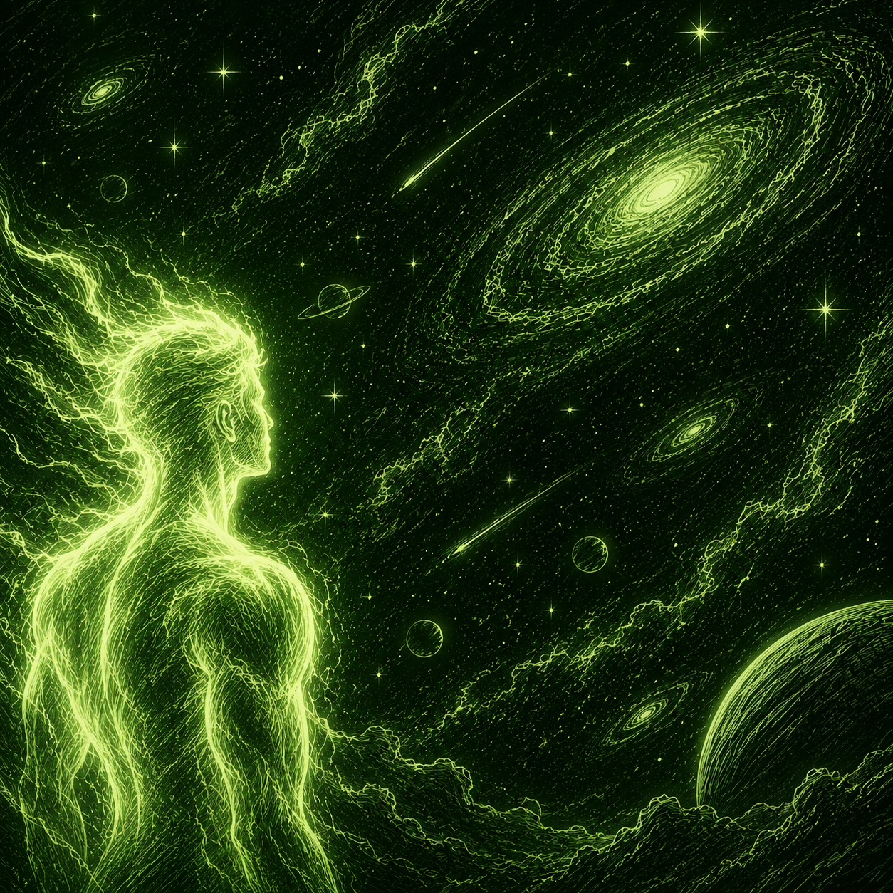 A figure made of light standing before a field of galaxies